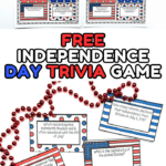 Colorful printable "4th of July Quiz" trivia cards with red, white, and blue designs are laid out on a white surface with festive red and blue bead necklaces. The cards feature Independence Day-themed questions like “Who wrote the Declaration of Independence?” and “What is the capital city of the United States?”