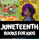 A collage of Juneteenth children’s book covers placed above a bold black banner reading "Juneteenth Books for Kids,"
