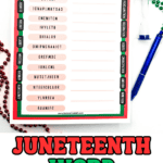 Close-up of a Juneteenth word scramble sheet featuring scrambled words like "SGTRHI," "ICNAPLMRTOAO," and "ENENITEN," with answer hints like "slavery," "Lincoln," and "liberty" printed on the side.