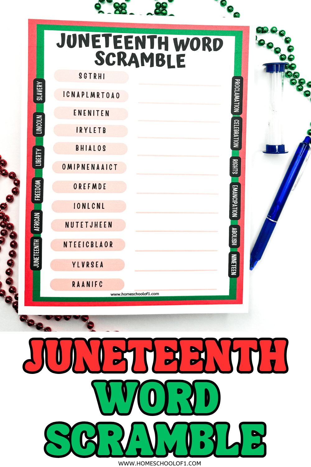 Close-up of a Juneteenth word scramble sheet featuring scrambled words like "SGTRHI," "ICNAPLMRTOAO," and "ENENITEN," with answer hints like "slavery," "Lincoln," and "liberty" printed on the side.