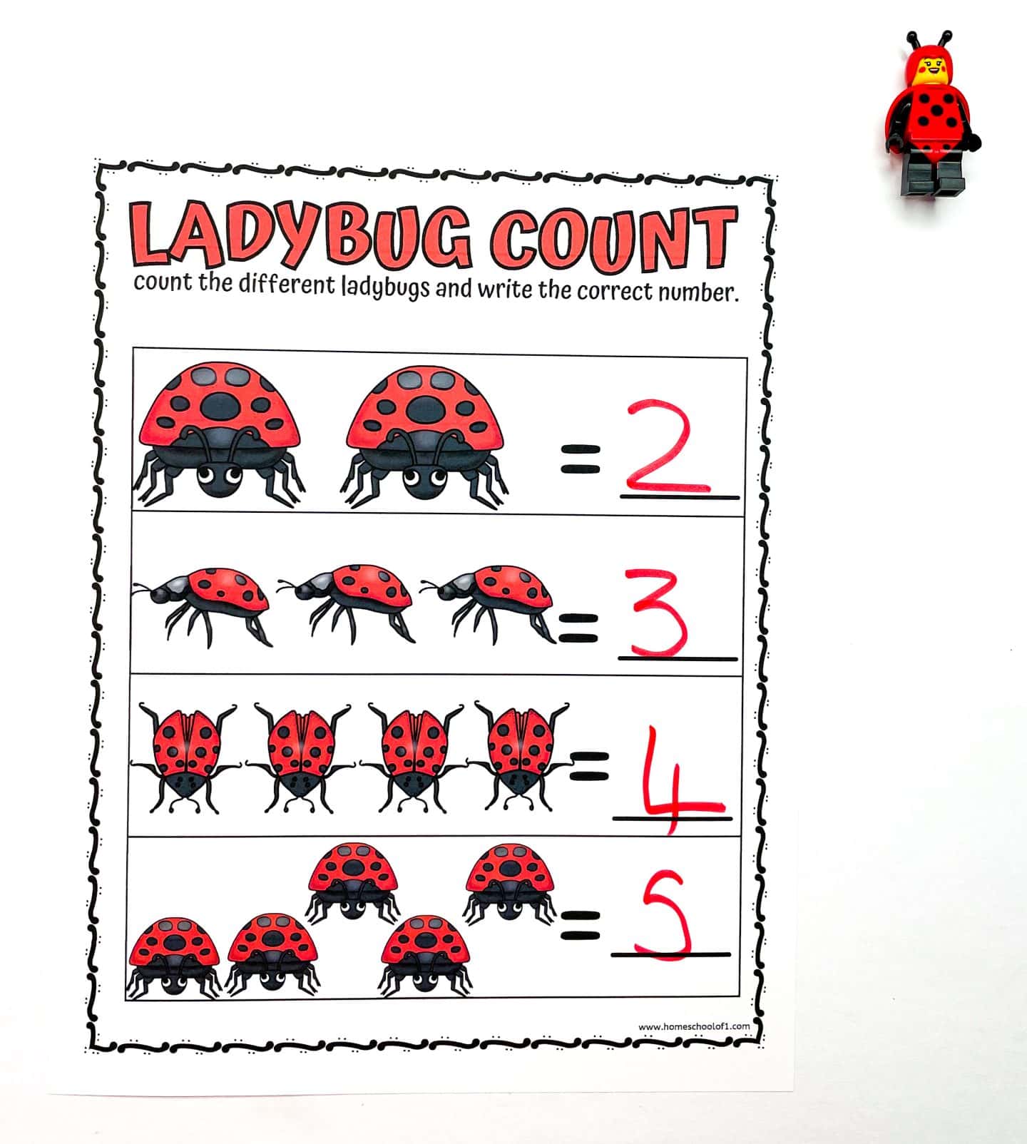 A preschool worksheet titled “Ladybug Count” shows four rows of different ladybug illustrations. Children are instructed to count the number of ladybugs in each row and write the correct number. The answers—2, 3, 4, and 5—are written in red. A small LEGO ladybug figure is placed in the top right corner of the white background.