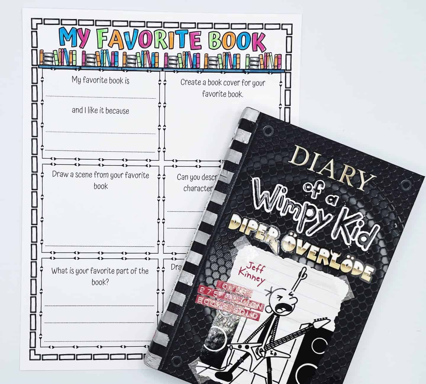 blank my favorite book worksheet with the diary of a wimpy kid diper overlode on top of the printable. 