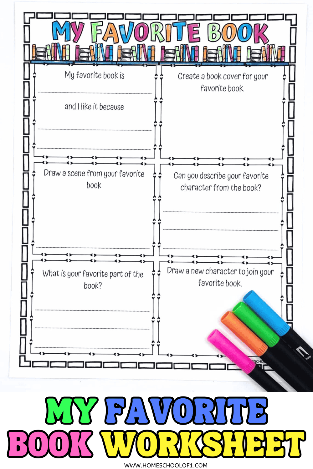Creative My Favorite Book worksheet for kids with writing and drawing prompts to explore favorite characters, scenes, and book covers.