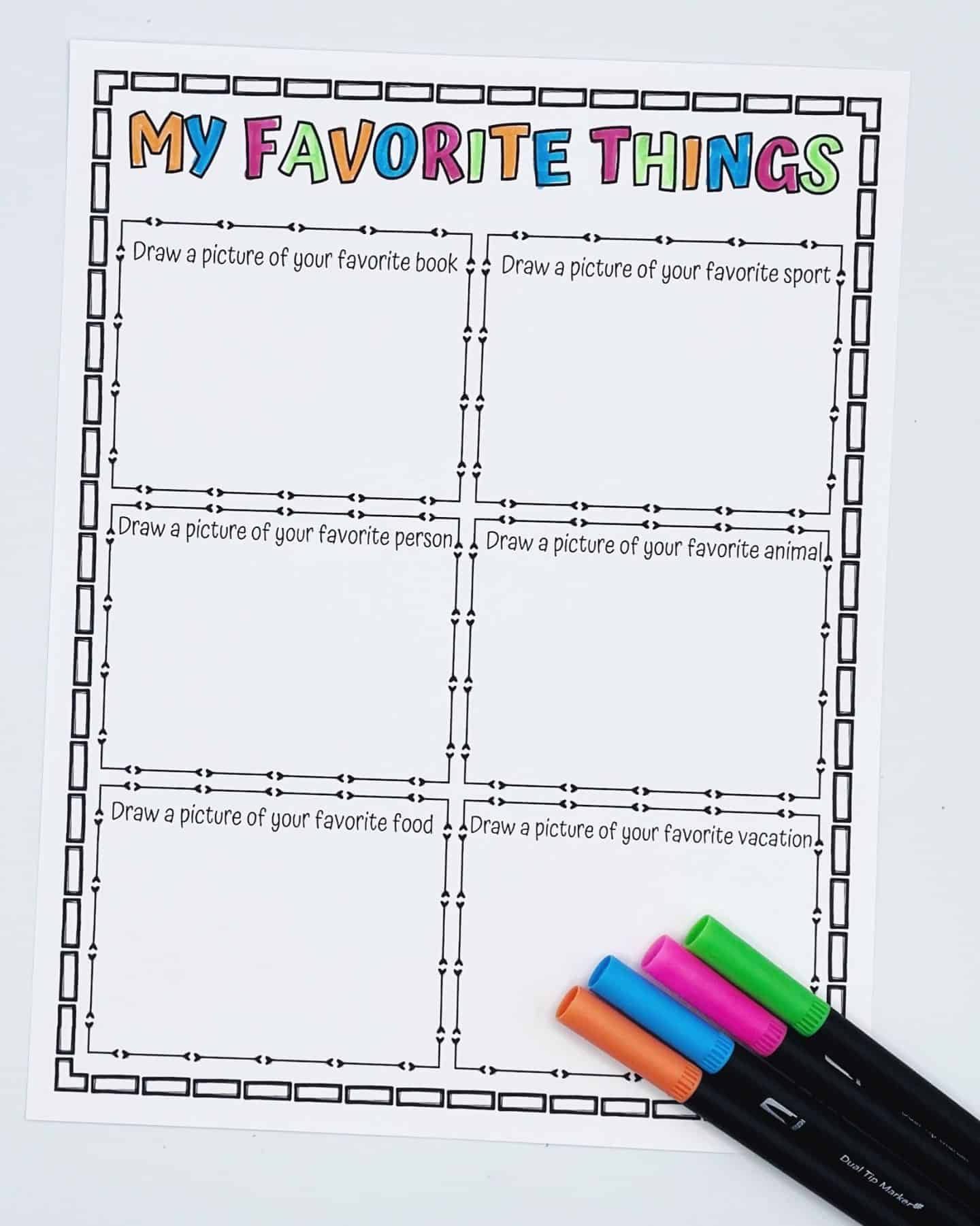 A "My Favorite Things" worksheet, featuring six blank sections for children to draw their favorite things, such as a book, sport, person, animal, food, and vacation. The title is in colorful letters, and the page is accompanied by colorful markers (green, blue, pink, and orange).







