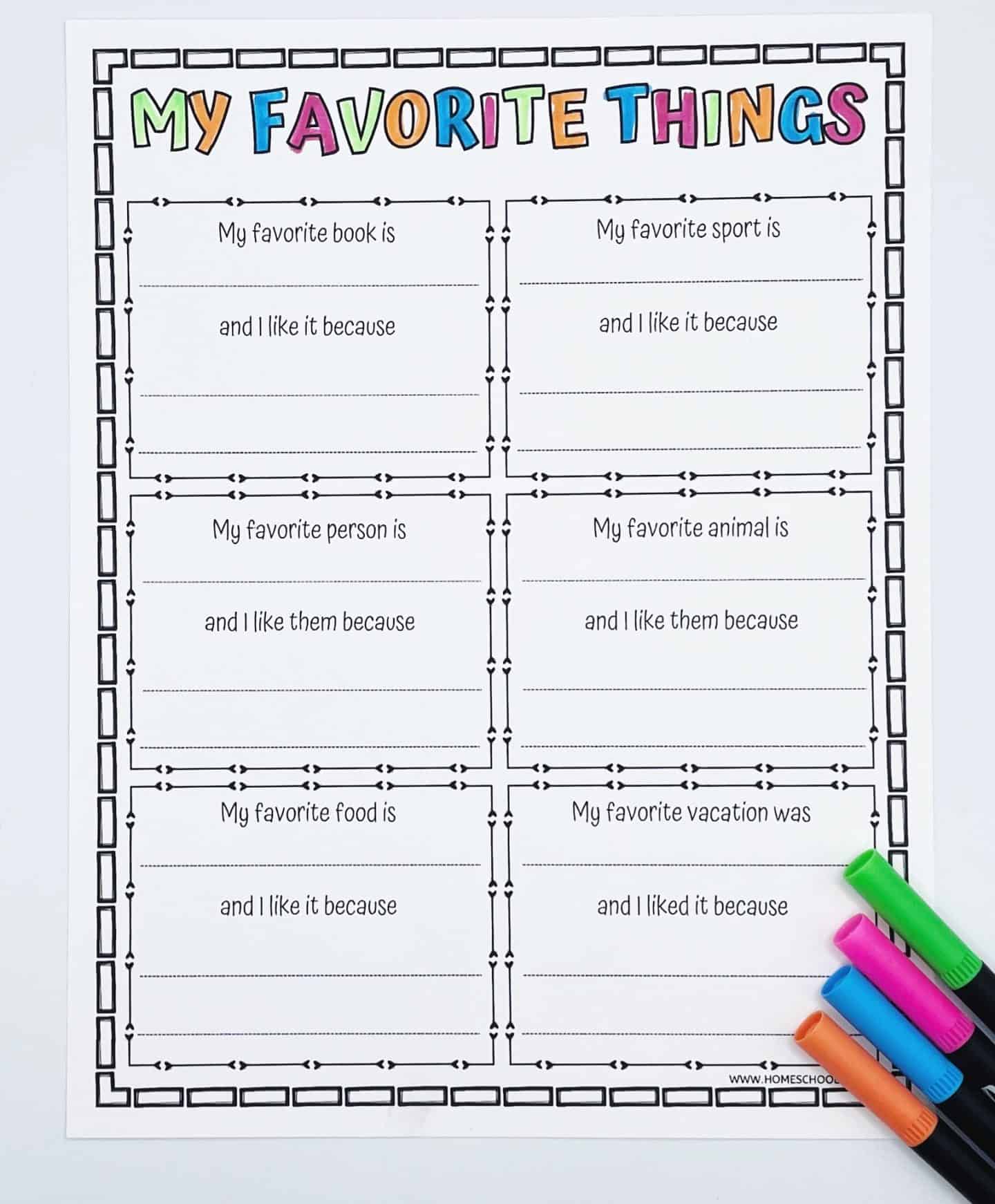 A "My Favorite Things" worksheet with spaces for children to fill in their favorite book, sport, person, animal, food, and vacation, along with reasons for their choices. The title is in colorful letters, and the page includes four markers (green, pink, orange, and blue) at the bottom.







