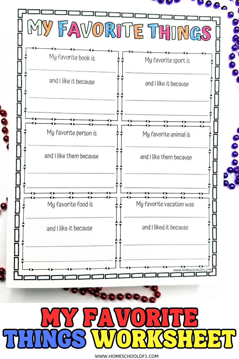 Printable My Favorite Things template for students to share top books, foods, vacations, and more with short reasons.