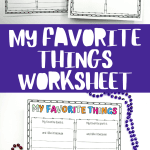 A set of 'My Favorite Things' worksheets for children's activities, featuring uncompleted sections for favorites like book, sport, person, animal, food, and vacation. Decorative beads frame the page, highlighting the creative and interactive nature of the worksheet.