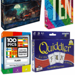 Collage of four boxed solo card games for kids—Arkham Horror, TEN, 100 Pics Flags, and Quiddler Junior—showcasing colorful covers with text reading “15 Best One Player Card Games.”
