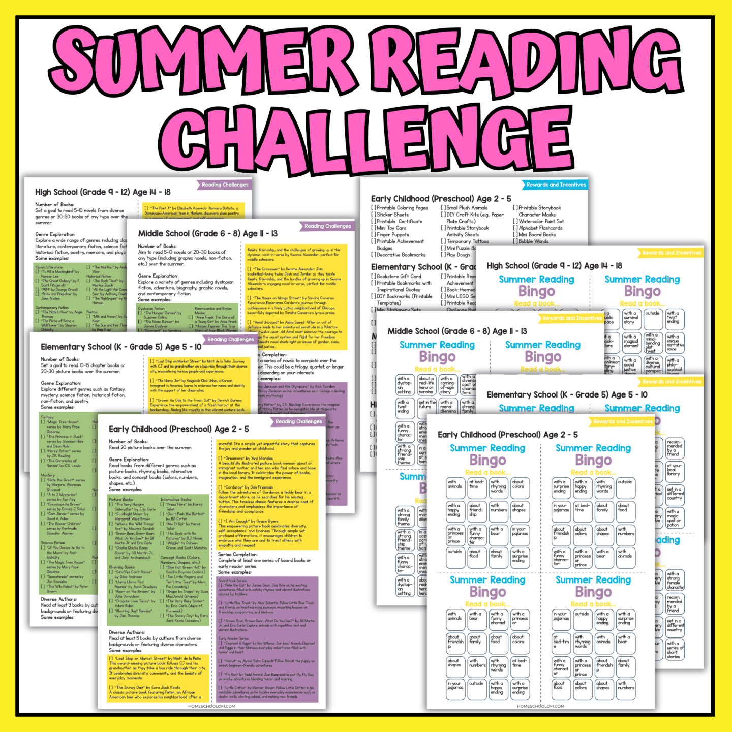 Image with a title "Summer Reading Challenge" showcasing multiple reading challenges and bingo cards for different school levels, including High School, Middle School, Elementary School, and Early Childhood. The reading challenges are color-coded and offer various activities to encourage summer reading, while the bingo cards feature tasks such as "Read a book" to track progress.







