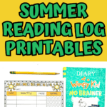 Trio of summer reading log printables displayed at the top—one filled in with book titles and star ratings, the others blank. The lower half shows a close-up of a blank log with sun icons, a yellow pencil, a Wimpy Kid book, and a green beaded necklace. Bold text on yellow reads “SUMMER READING LOG PRINTABLES.”