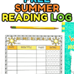 A printable summer reading log sheet with columns for date, book title, pages, and a star rating system. Several versions are shown, including a filled-in example and blank templates. Above, bold colorful text says “FREE SUMMER READING LOG,” with a pencil and a teal notebook partially visible beside the sheet.