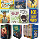Collage of popular books for 10-year-old boys including titles like 5,000 Awesome Facts, Diary of a 6th Grade Ninja, The Aquanaut, and Would You Rather? Eww Edition, with bold central text reading '25 Books for 10 Year Old Boys'
