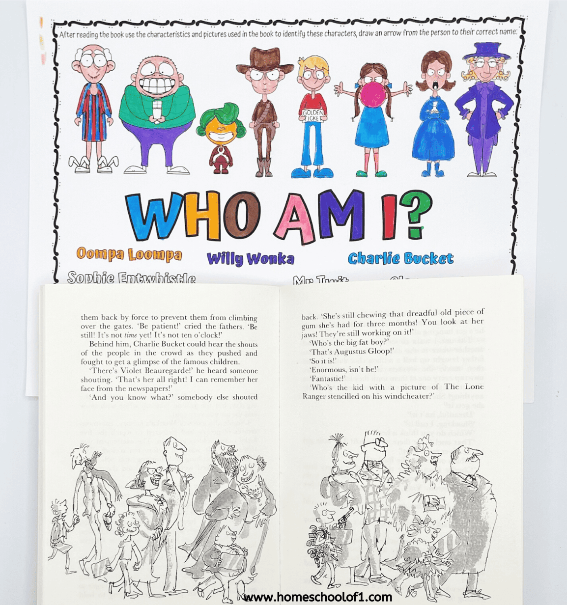 Charlie and the chocolate factory coloring page with the book open showing pictures of the characters such as Augustus Gloop, Cahrlie, Oompa Loompas and more