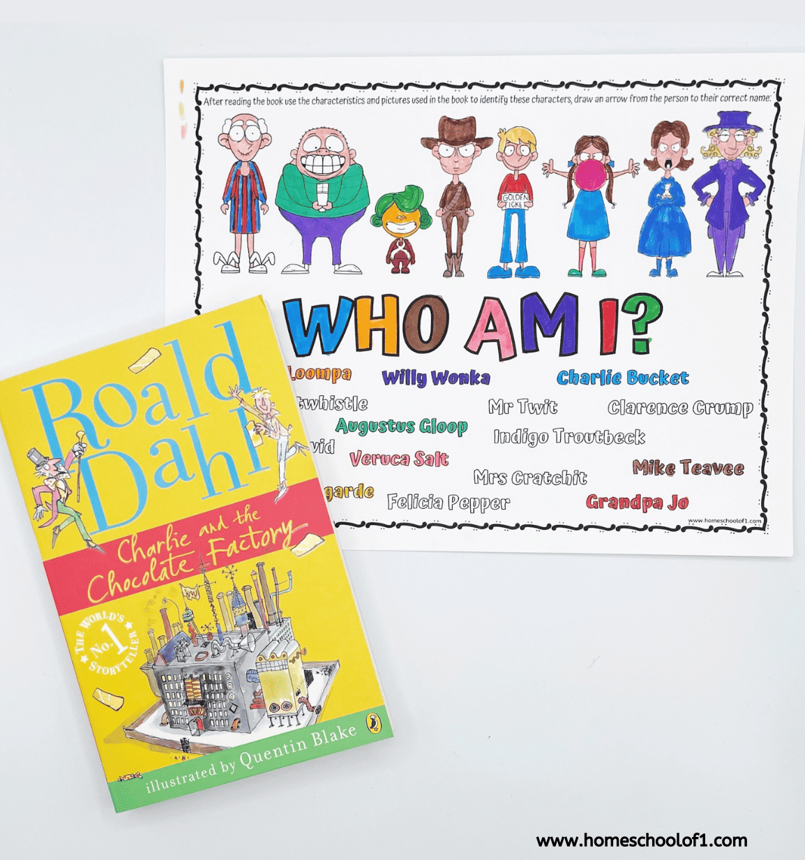 Completed Charlie and the chocolate factory character list  printable with a copy of the Roald Dahl book next to it.