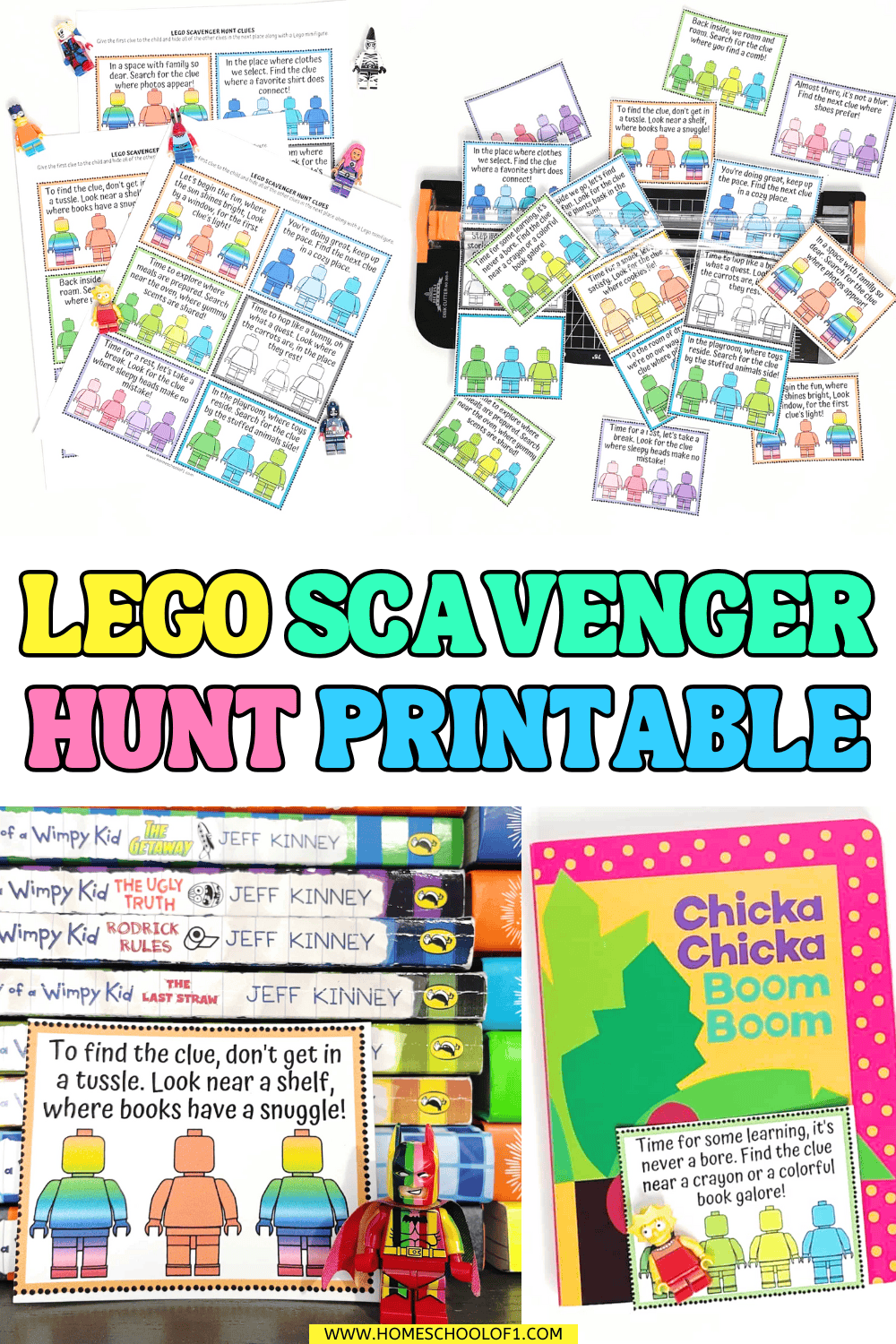 Lego scavenger hunt printable with colorful rhyming clue cards, Lego minifigures, childrenโs books, and indoor hiding spot prompts for kids.