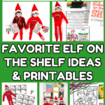 Collage of printable Elf on the Shelf ideas featuring elves, scavenger hunts, word searches, coloring pages, and creative setups for kids.