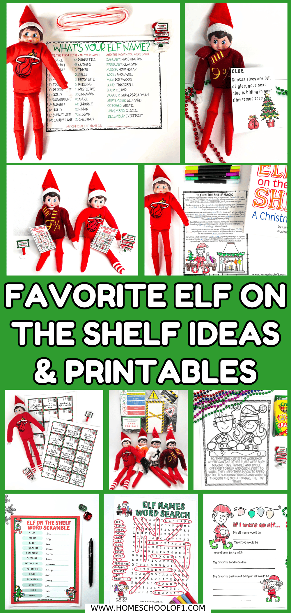 Collage of printable Elf on the Shelf ideas featuring elves, scavenger hunts, word searches, coloring pages, and creative setups for kids.

