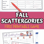 Fall Scattergories free printable game for kids with themed categories and letter boards for autumn word fun.