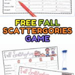 Free fall Scattergories printable game boards featuring words like LEAF and CORN with fun seasonal categories.