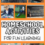 Collage of Freddie doing fun homeschool activities like den building, baking, science, and creative projects for hands-on learning at home