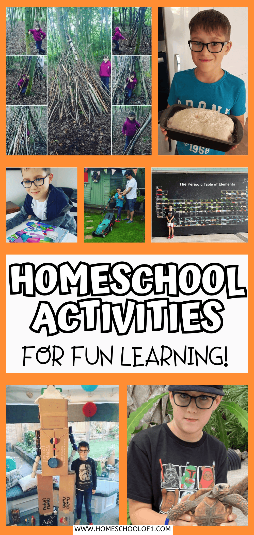 Collage of Freddie doing fun homeschool activities like den building, baking, science, and creative projects for hands-on learning at home