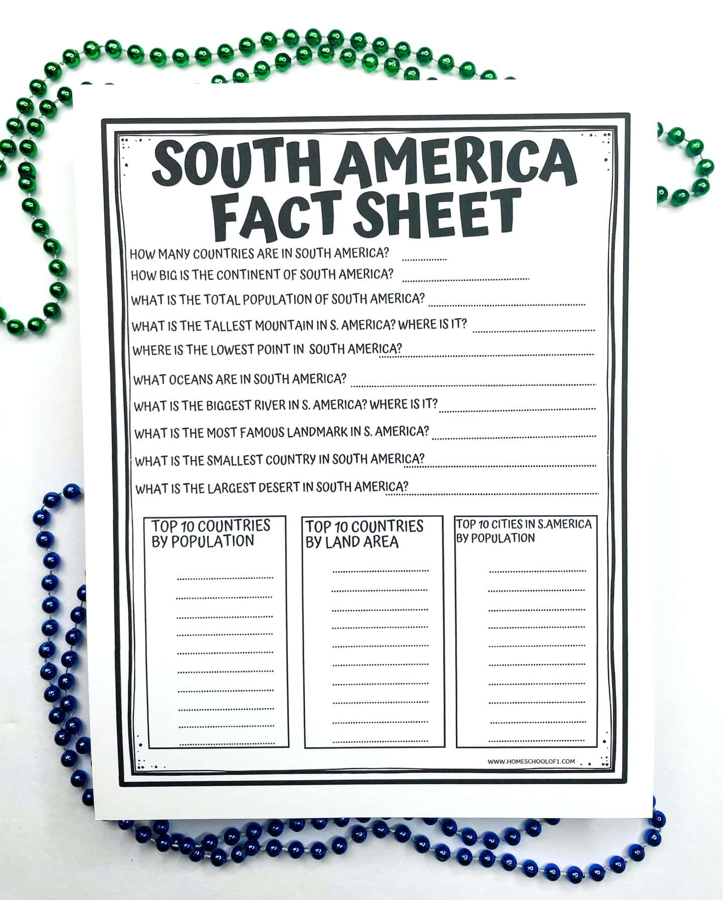A printable “South America Fact Sheet” worksheet with fill-in-the-blank questions about the continent, such as number of countries, population, tallest mountain, lowest point, major rivers, landmarks, and deserts. At the bottom, three columns prompt students to list the top 10 South American countries by population, by land area, and the top 10 cities by population. Green and blue bead necklaces are used as decorative accents around the worksheet.