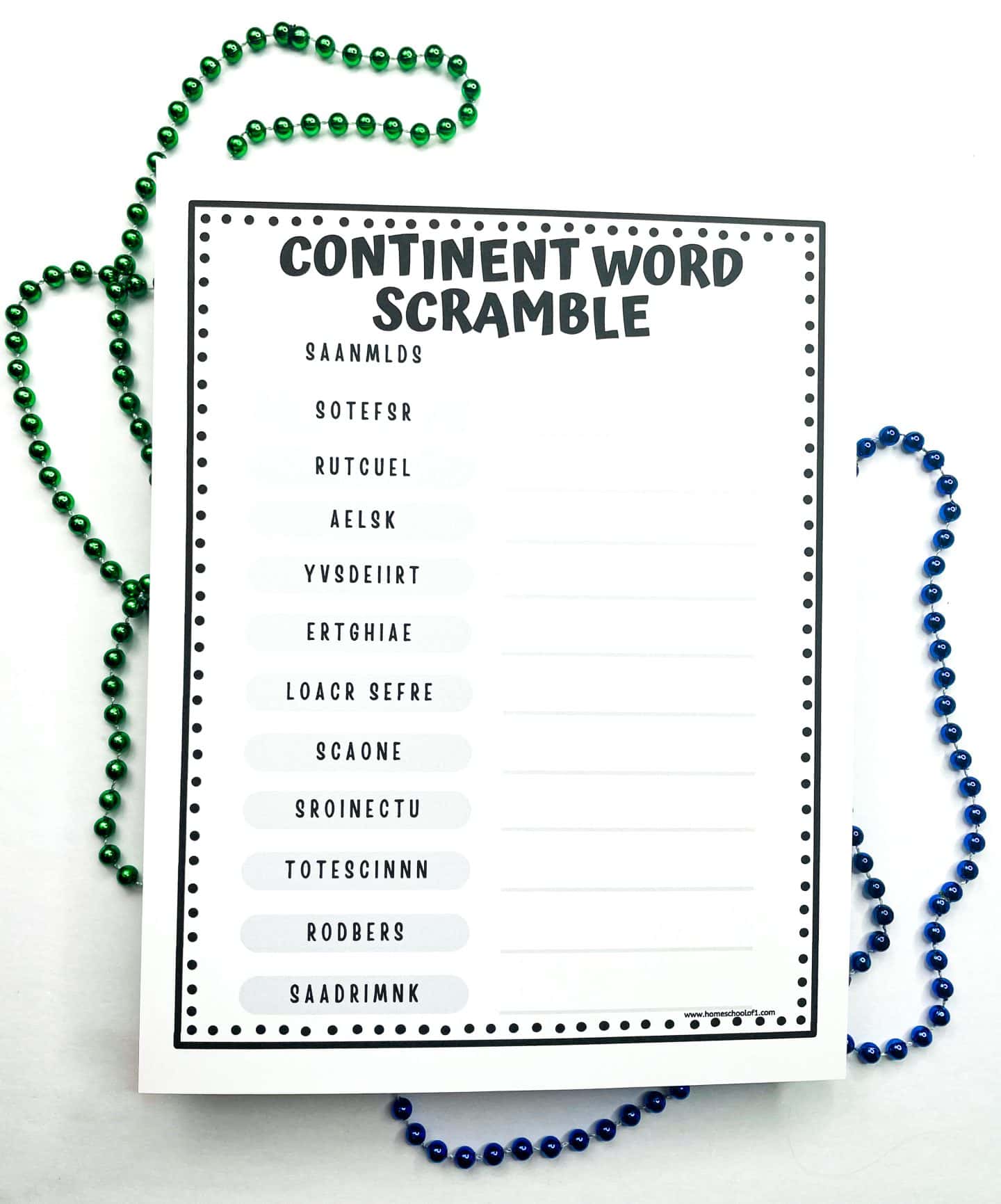 A "Continent Word Scramble" worksheet featuring a list of scrambled words related to geography, such as "SAANMLDS" and "SOTESFR." The right side includes blank spaces for writing the correct answers. The worksheet is bordered with dotted lines and surrounded by green and blue beaded necklaces on a white background.