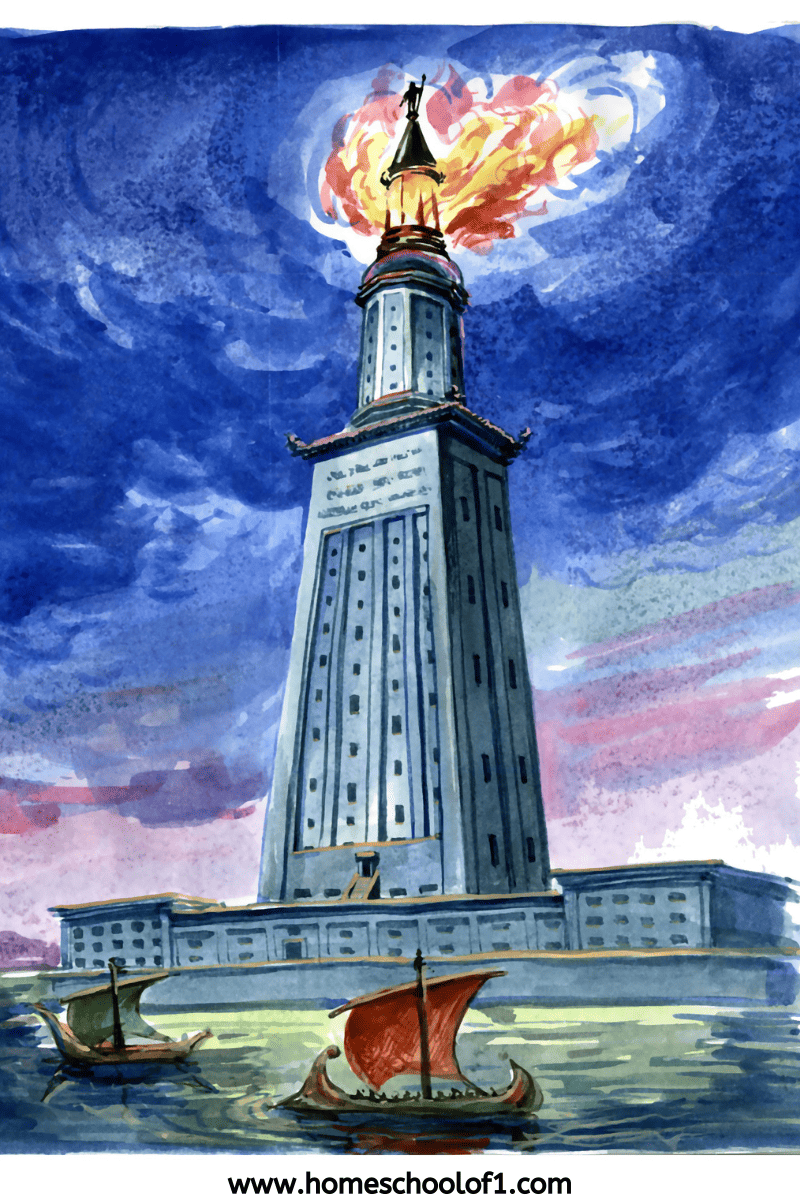 Watercolor-style illustration of the Lighthouse of Alexandria at night, with a fiery beacon atop the tower and small sailboats on the water below.