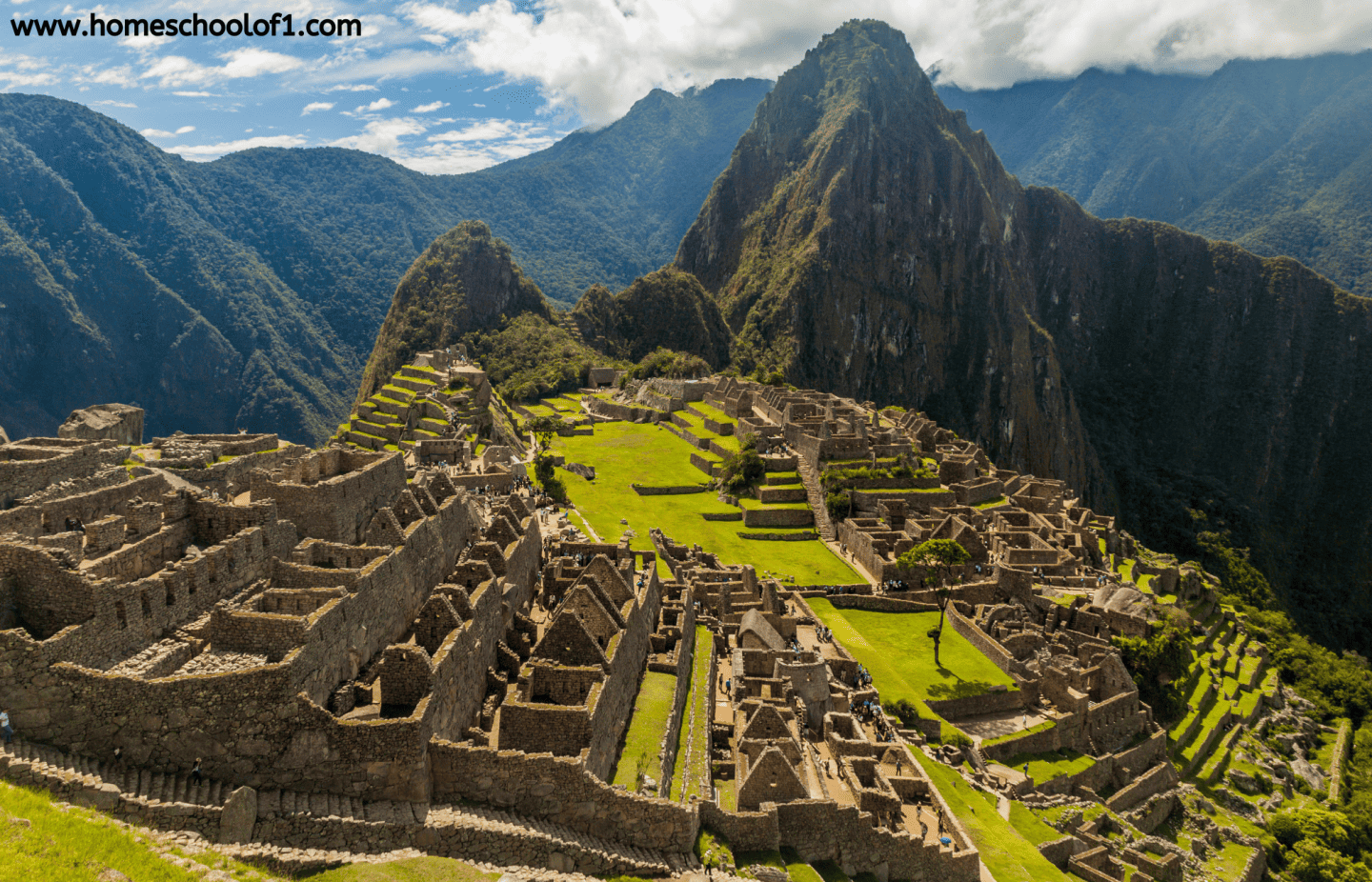A breathtaking view of Machu Picchu, the ancient Incan city in Peru, showcasing its terraced stone structures and lush green surroundings nestled high in the Andes Mountains under a partly cloudy sky. The iconic Huayna Picchu peak rises dramatically in the background.