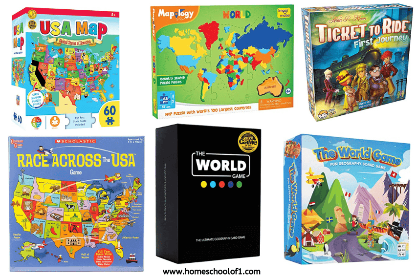 A collage of six geography-themed games for kids, including "USA Map Puzzle," "Mapology World," "Ticket to Ride: First Journey," "Race Across the USA," "The World Game" (card version), and "The World Game" (board game version). The image highlights educational and interactive ways to learn geography. Website homeschoolof1.com is shown at the bottom.