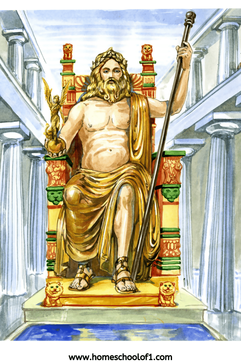 Illustration of the Statue of Zeus at Olympia, showing a bearded Zeus seated on a decorated throne, holding a staff and a small figure of Nike.