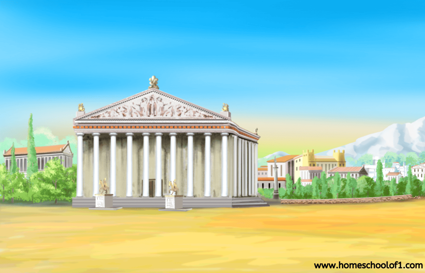 Digital illustration of the Temple of Artemis with tall marble columns, decorative sculptures, and golden statues, set in an ancient cityscape with greenery, buildings, and distant mountains.
