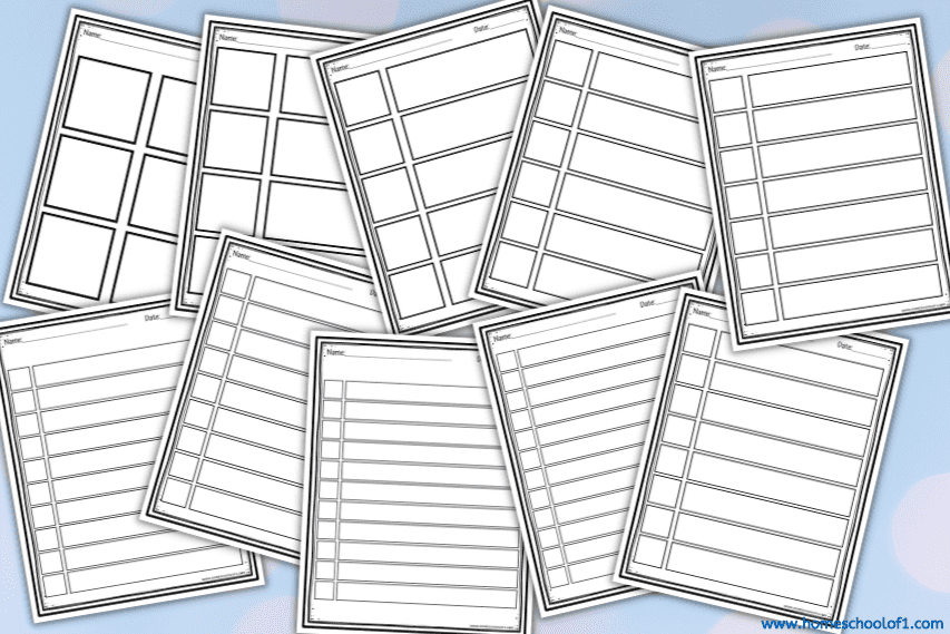 A collection of blank acrostic poem templates spread out on a blue background. Each template features a vertical row of boxes for each letter of a word, followed by corresponding lined sections for writing poem lines. The printables offer various layout styles to support creative writing activities.