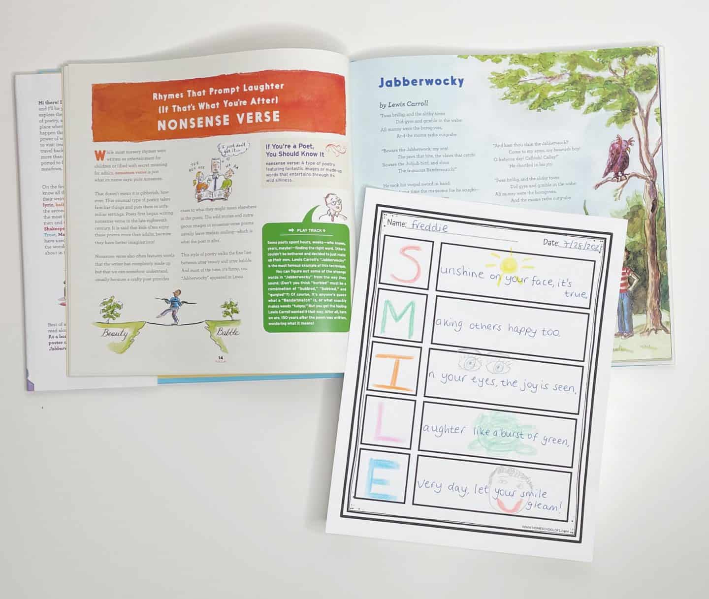 A completed kids acrostic poem worksheet featuring the word “SMILE,” with colorful letters and hand-drawn illustrations next to each line of the poem. The poem is surrounded by crayons and a children's poetry book with the page open at Jabberwocky and nonsense verse.