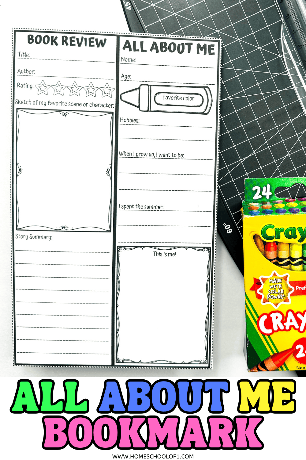 Colorable "All About Me" bookmarks shown with kids’ responses and school supplies, great for back to school activities.