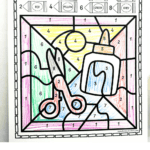 Color by number activity sheet with scissors, glue, and sun illustration — engaging classroom art for early learners.