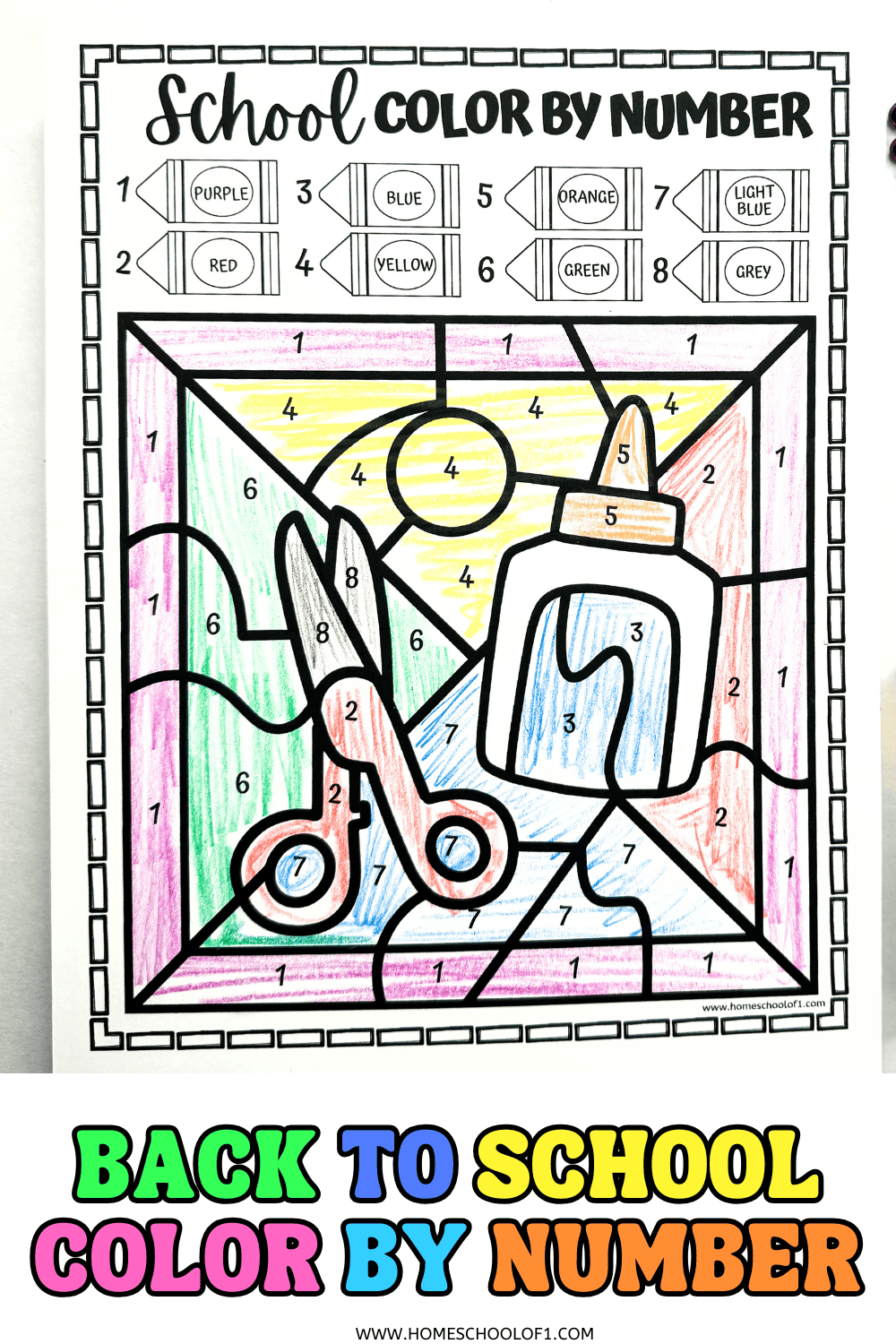 Color by number activity sheet with scissors, glue, and sun illustration — engaging classroom art for early learners.