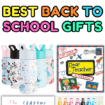 Colorful back to school gifts including scented pencils, kids books, water bottles, bracelets, and gel pens with fun designs