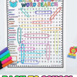 Colorful back to school word search printable for kids featuring school-related words like classroom, principal, and backpack.