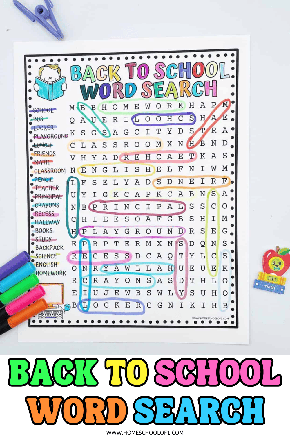 Colorful back to school word search printable for kids featuring school-related words like classroom, principal, and backpack.