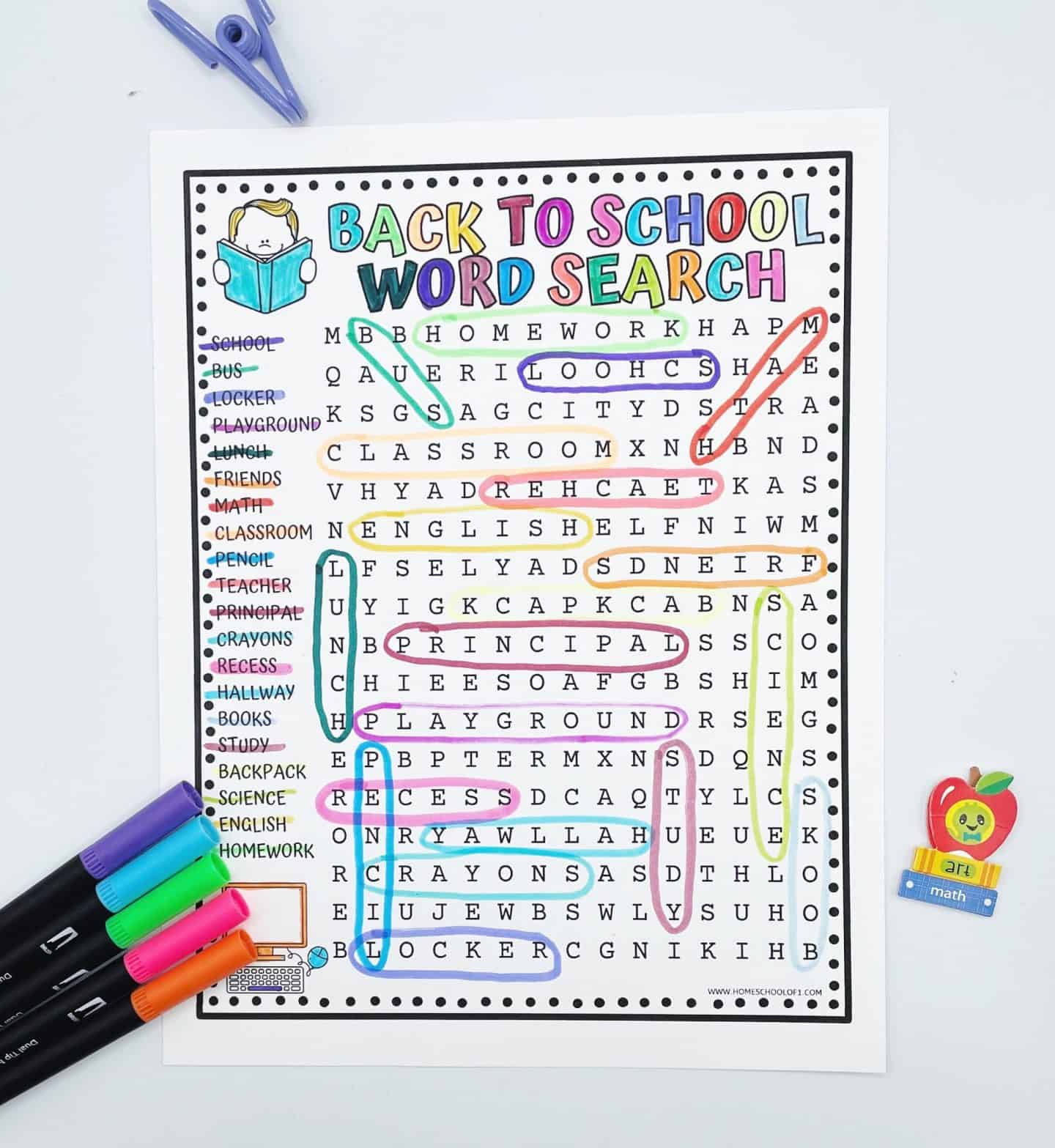 back to school word search answers