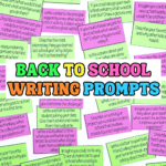 Colorful back to school writing prompts with fun creative questions for kids on pink and green cards to inspire classroom writing