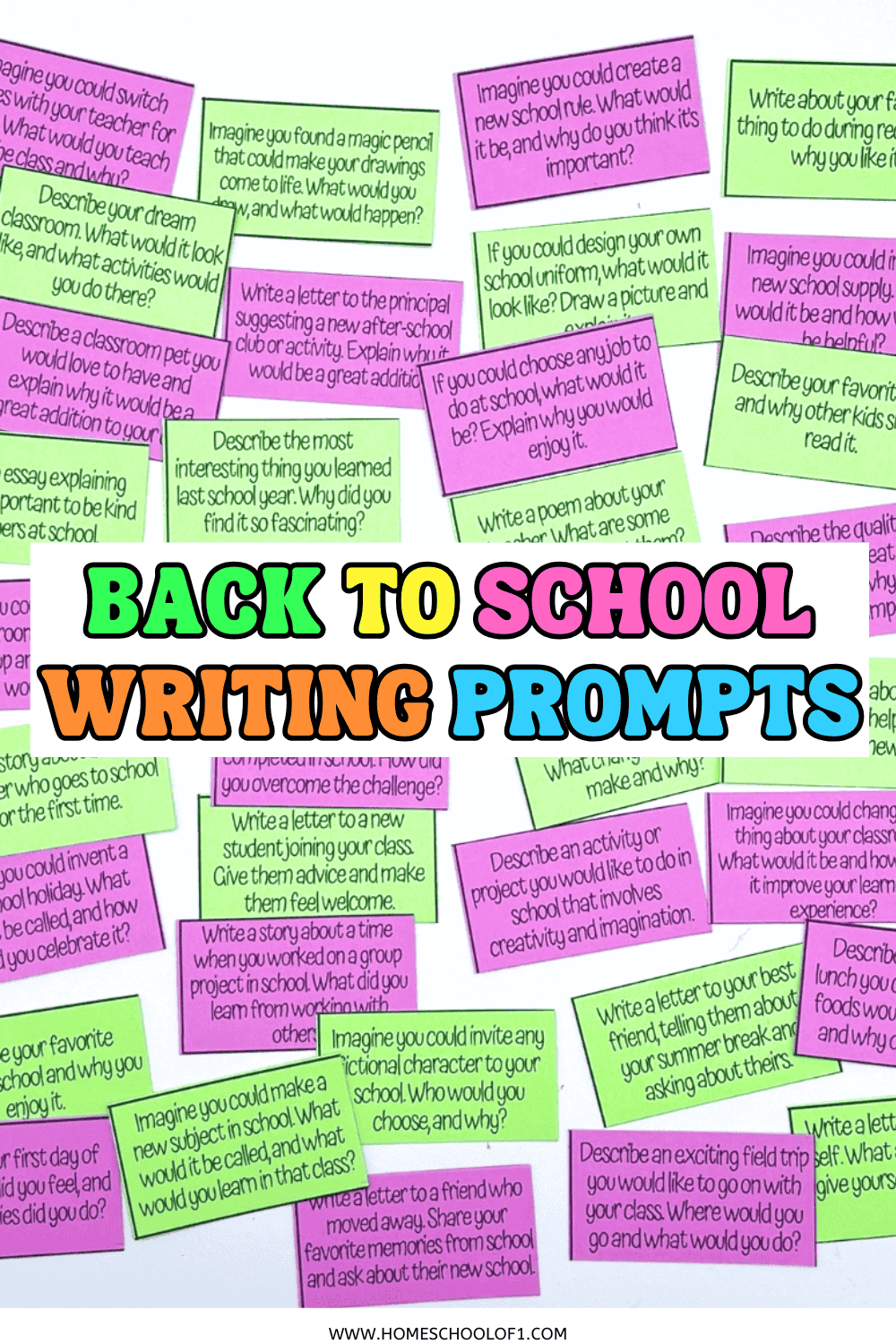 Colorful back to school writing prompts with fun creative questions for kids on pink and green cards to inspire classroom writing