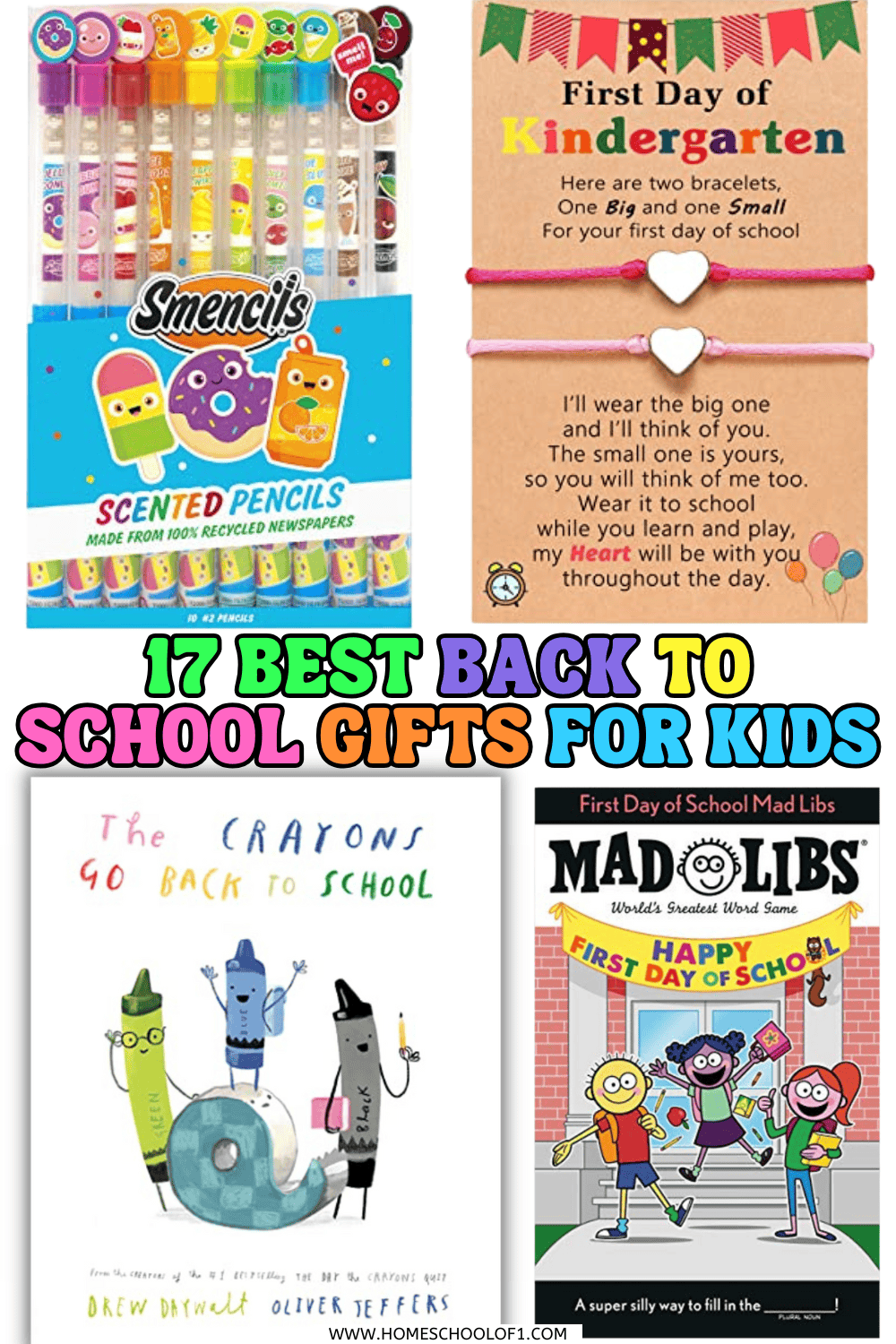 Fun back to school gift ideas for kids like scented pencils, Mad Libs, books, and a sweet bracelet for the first day of school.