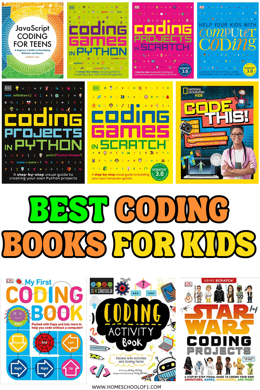 Best coding books for kids including Python, Scratch, and JavaScript titles, shown in a colorful visual book roundup graphic.


