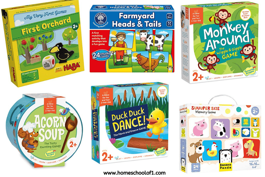 Top board games for 2-year-olds including 'First Orchard,' 'Farmyard Heads & Tails,' 'Monkey Around,' 'Acorn Soup,' 'Duck Duck Dance,' and 'SUUUPER SIZE Memory Game,' perfect for enhancing early learning and play.