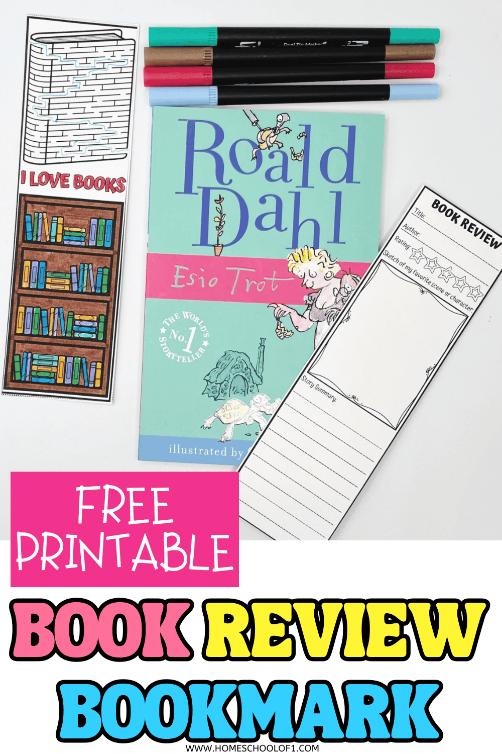 Printable book review bookmark for kids with Roald Dahl book, colored bookshelf design, and space to rate and summarize the story.

