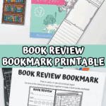 Black and white printable book review bookmark template with bookshelf design and book reflection prompts for kids to color and complete.