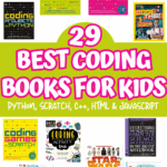 Collage of 29 best coding books for kids featuring Python, Scratch, HTML, and C++ titles, perfect for young coders by age.
