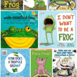 Collage of 9 colorful preschool book covers featuring frogs with bold text: "23 Books About Frogs for Preschoolers."